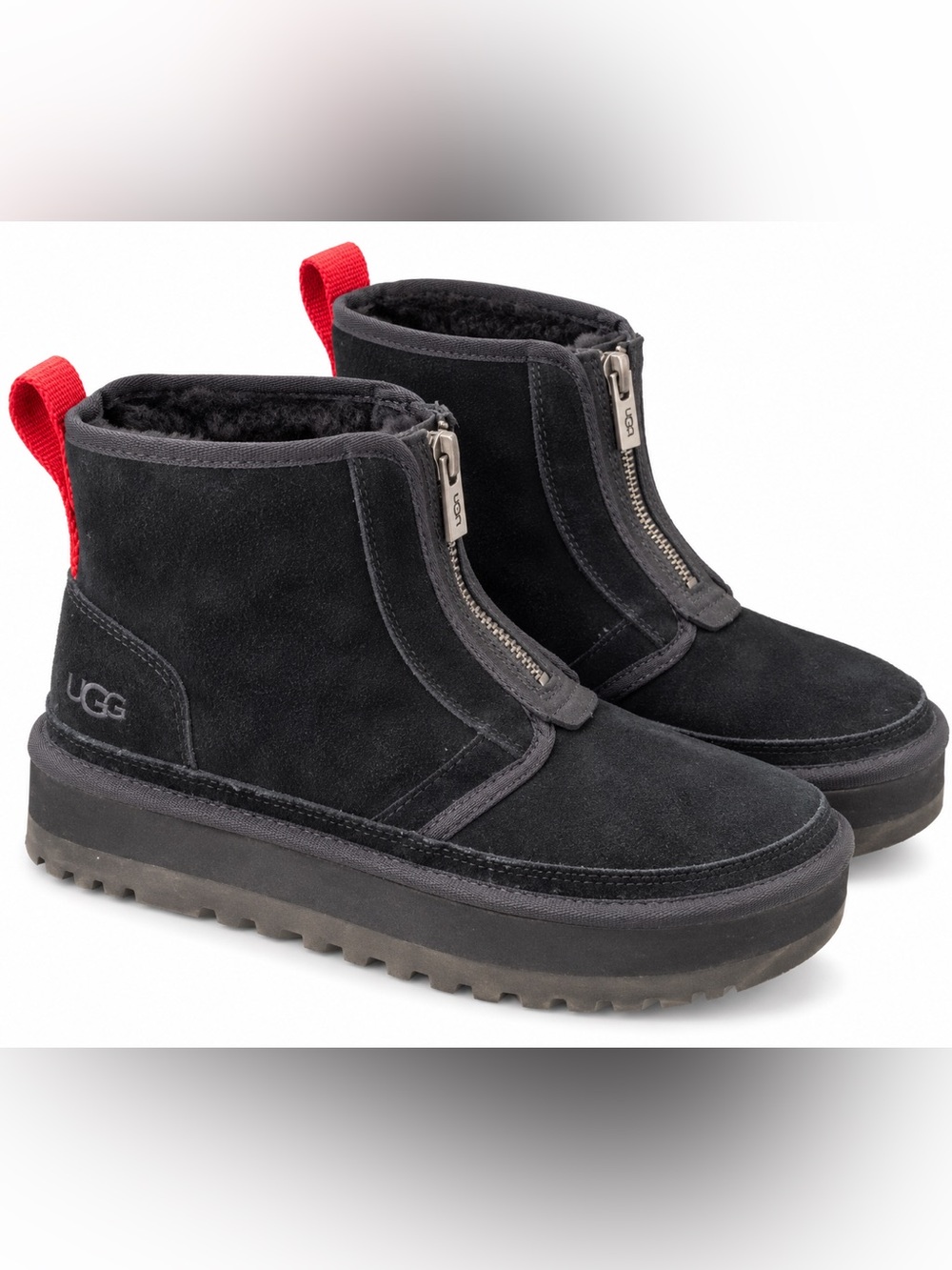 UGG Neumel Platform Zip Boots Black Suede Shearling Women’s 10